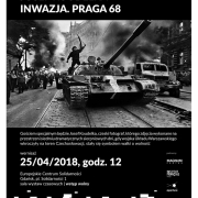 Plakat informacyjny o wernizażu, czarno-białe zdjęcie czołgu
