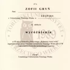 Dyplom Pani Zofii Gryń