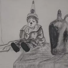 Średzińska Olcha - Martwa natura z marionetką (rysunek węglem)